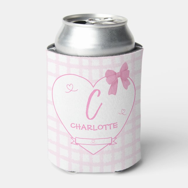 Niedlich Bow Pastel Pink Gingham Personalize Dosenkühler (Kanne Vorderseite)