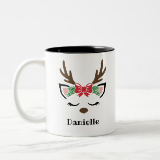 Niedlich Bow Reindeer Gesicht Personalisierter Nam Zweifarbige Tasse