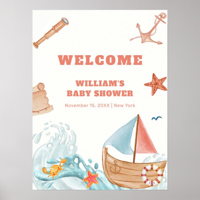 Niedlich Boy Adventure Sailboat Kinderdusche Willk Poster (Vorne)