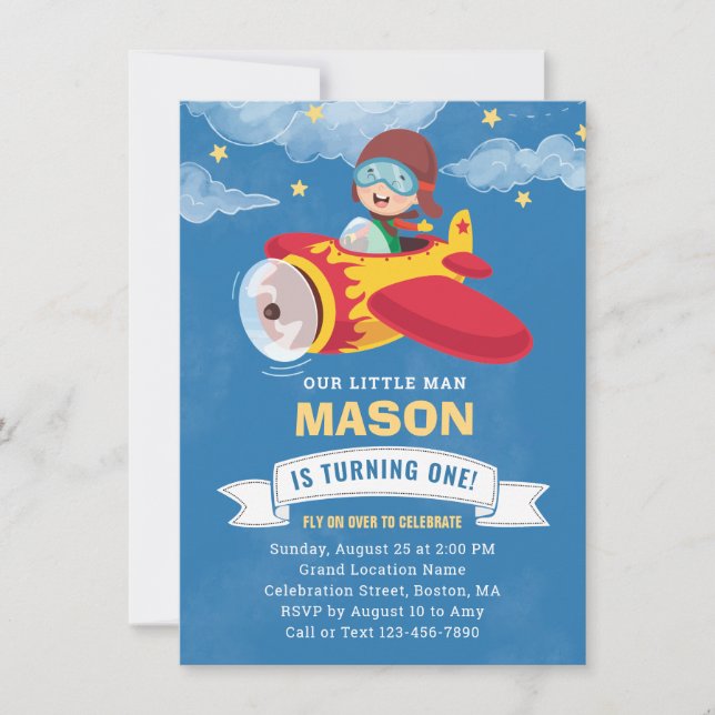 Niedlich Boy Airplane 1. Geburtstag Party Einladung (Vorderseite)