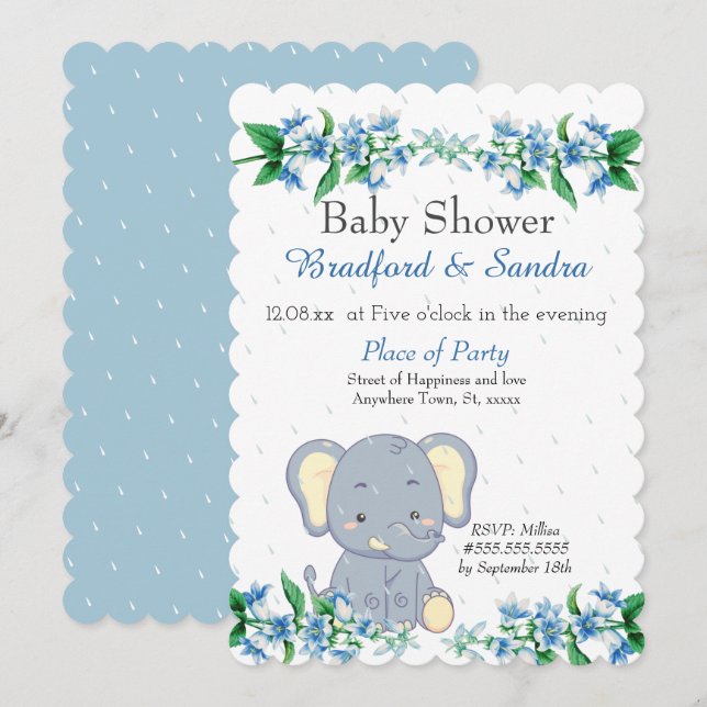 Niedlich Boy Elephant Blue Floral Baby Dusche Einladung (Vorne/Hinten)
