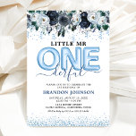 Niedlich Boy Little Mr. 1-derful 1. Geburtstag Einladung<br><div class="desc">Moderne Party Einladungen zum 1. Geburtstag mit einem schlichten,  weißen Hintergrund,  glänzenden Glitzer,  eleganten marineblauen Aquarellblumen,  dem Sprichwort "Klein mehr. Eintönig" und einer leicht zu personalisierenden Geburtstagsschablone.</div>