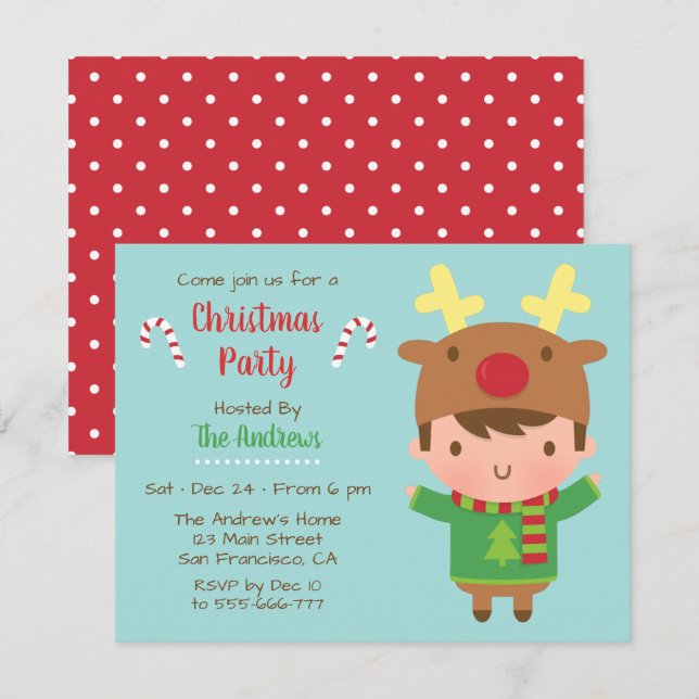 Niedlich Boy Reindeer Hat Weihnachts-Party Einladu Einladung (Vorne/Hinten)
