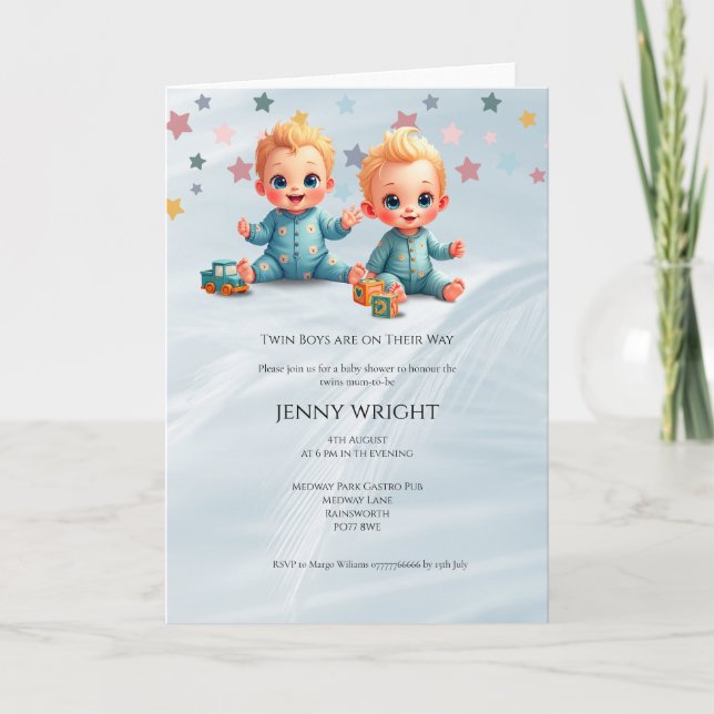 Niedlich Boy Twins Kinderdusche Einladung (Vorderseite)