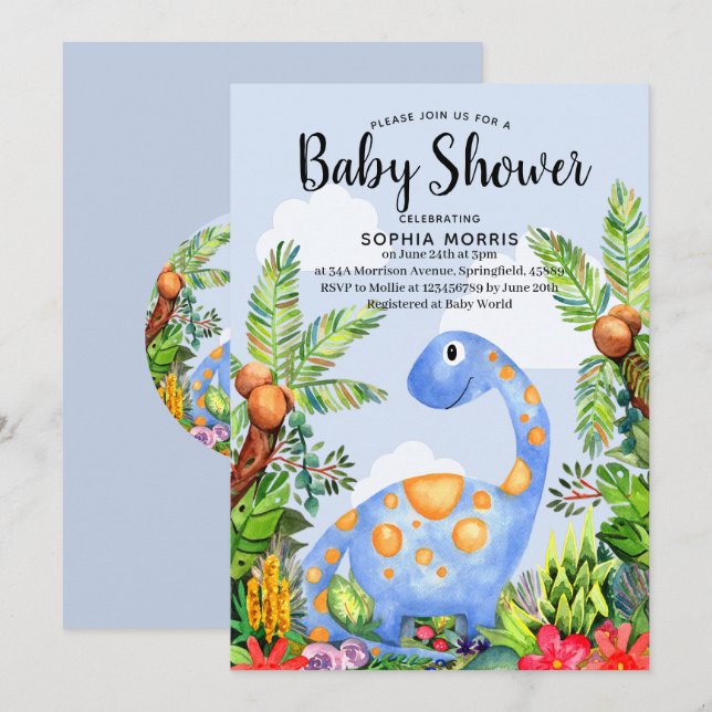 Niedlich Boy Watercolor Dinosaurier Moderne Babydu Einladung (Vorne/Hinten)