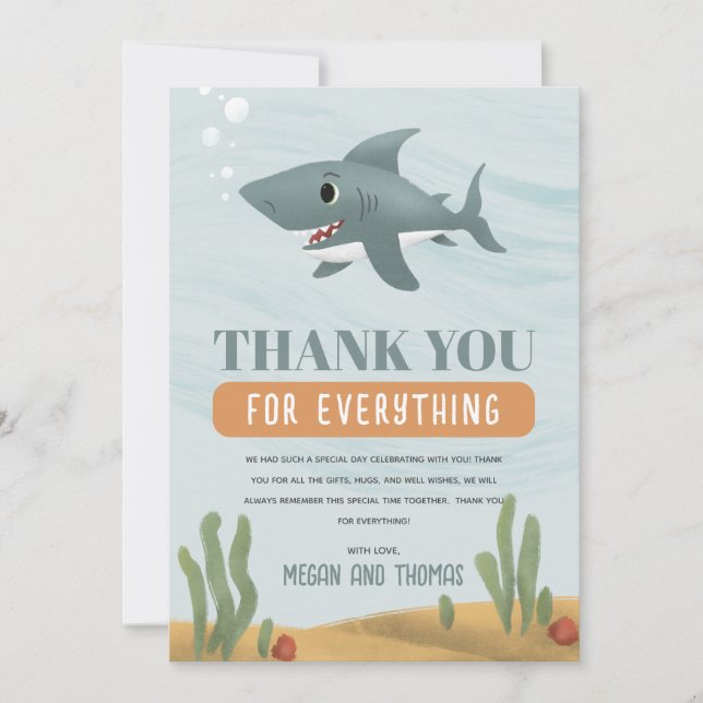 Niedlich Boys Shark Baby Dusche Vielen Dank Dankeskarte (Vorderseite)