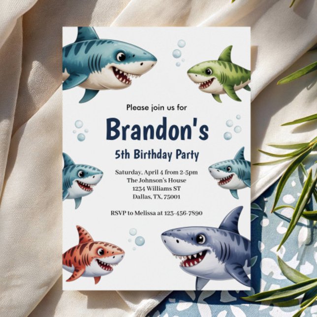 Niedlich Boys Watercolor Shark Birthday Party Einladung (Von Creator hochgeladen)