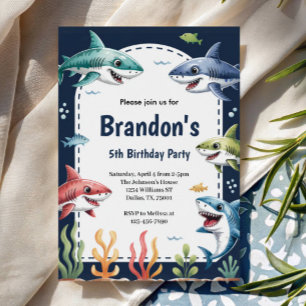 Niedlich Boys Watercolor Shark Birthday Party Einladung