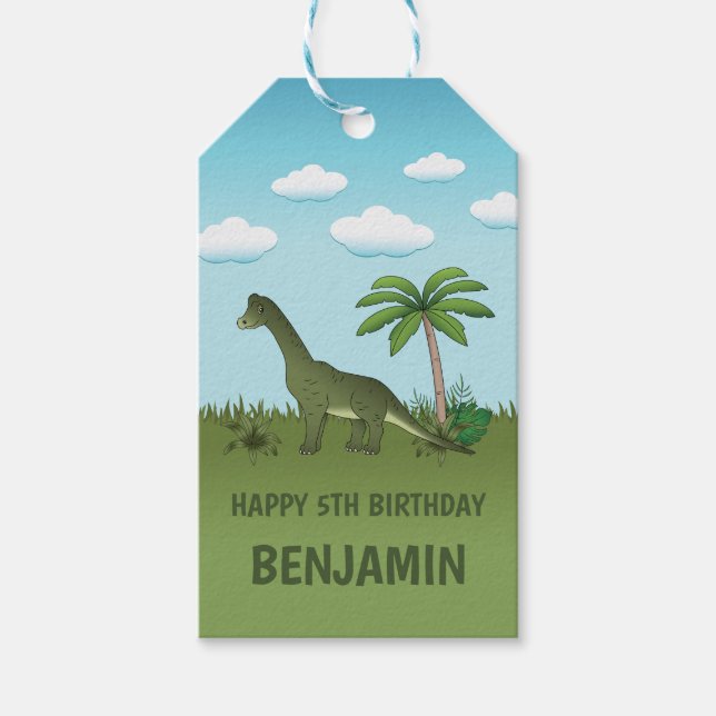 Niedlich Brachiosaurus Dinosaur Happy Geburtsname Geschenkanhänger (Vorderseite)