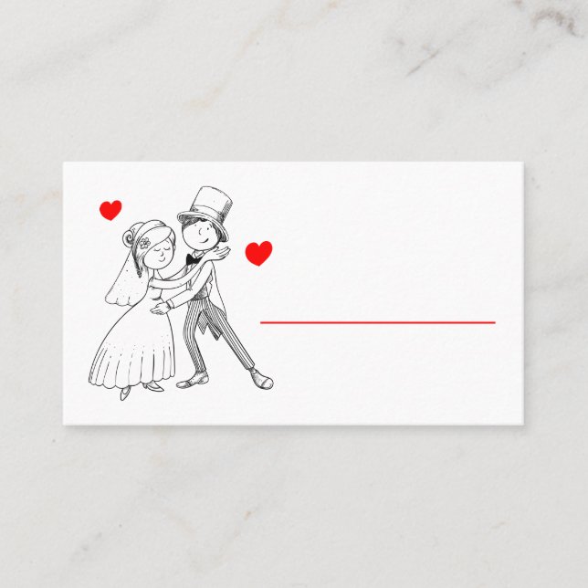 Niedlich Bride Groom Cartoon Red White Wedding Ver Platzkarte (Vorderseite)