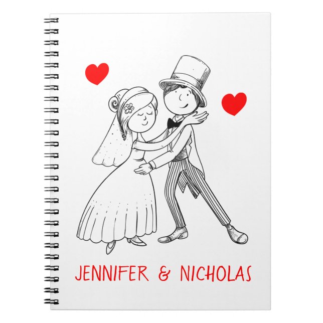 Niedlich Bride Groom Red White Wedding Cartoon Bri Notizblock (Vorderseite)