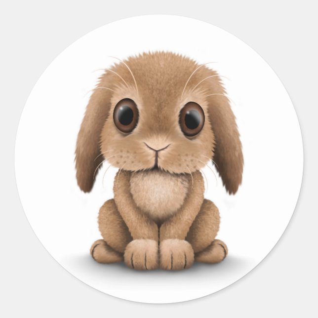Niedlich Brown Baby Bunny Rabbit auf Weiß Runder Aufkleber (Vorderseite)