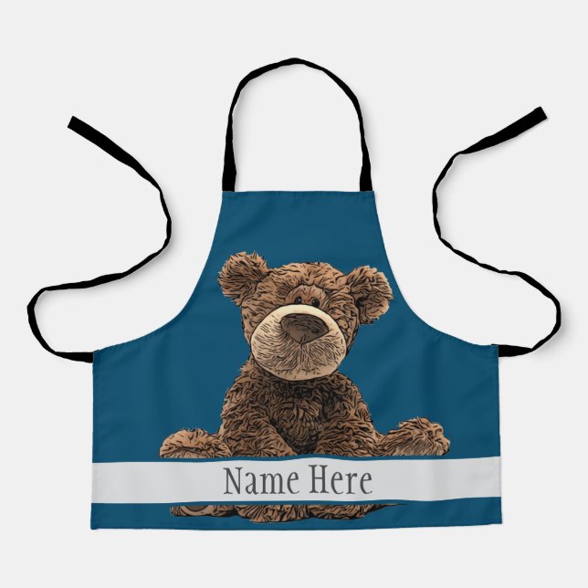Niedlich Brown Bear Animal Stylish Name Blue Kid's Schürze (Vorderseite)