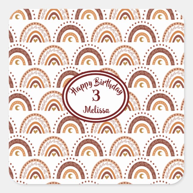 Niedlich Brown Boho Rainbow Whimsisches Muster Quadratischer Aufkleber (Vorderseite)