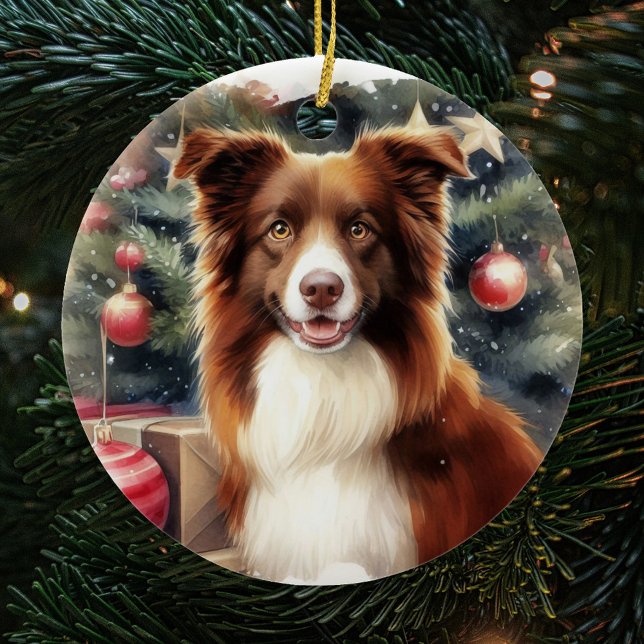 Niedlich Brown Border Collie Weihnachten Keramik Ornament (Von Creator hochgeladen)