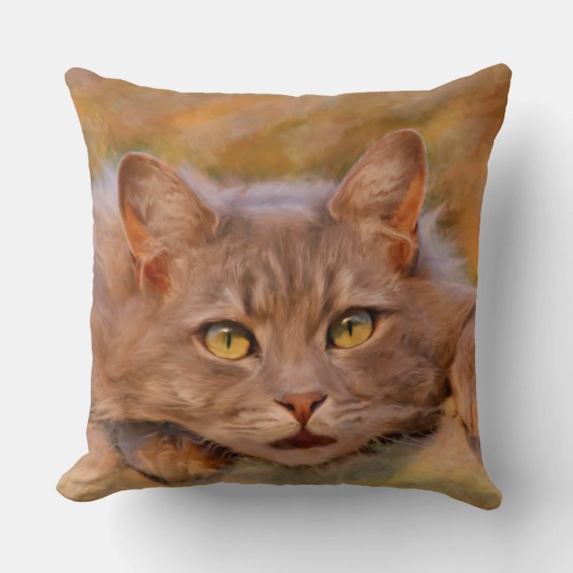 Niedlich Brown Cat Wasserfarben Ölgemälde Kunst Kissen (Vorderseite)