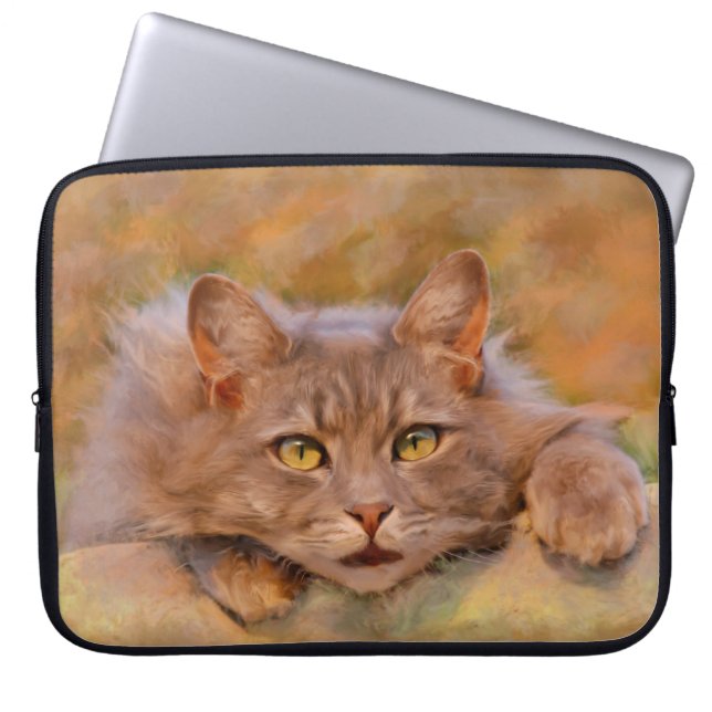 Niedlich Brown Cat Wasserfarben Ölgemälde Kunst Laptopschutzhülle (Vorderseite)