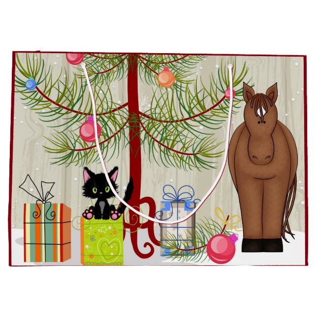 Niedlich Brown Horn und Kitten Barn Weihnachtsurla Große Geschenktüte (Rückseite)