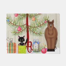 Niedlich Brown Horse and Kitten mit Weihnachtsbaum
