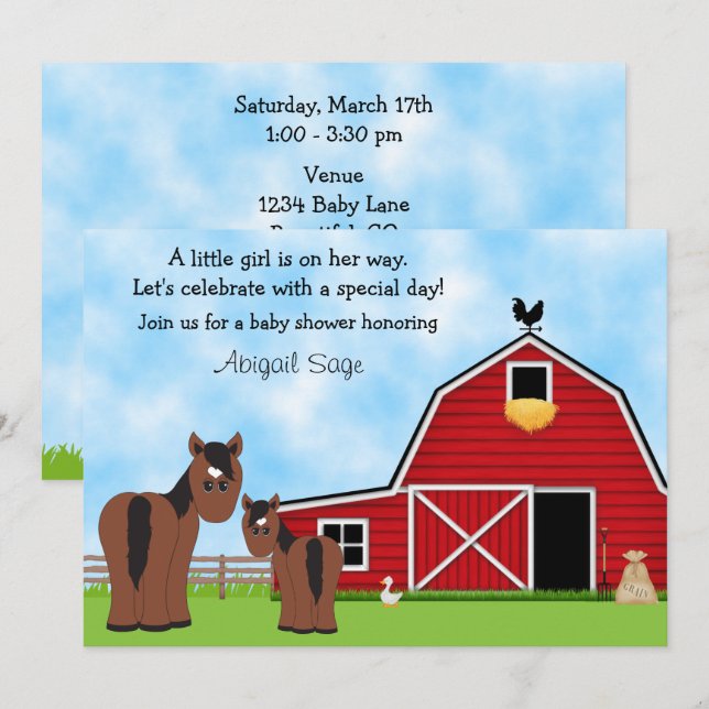 Niedlich Brown Horses and Red Barn Baby Show Einladung (Vorne/Hinten)