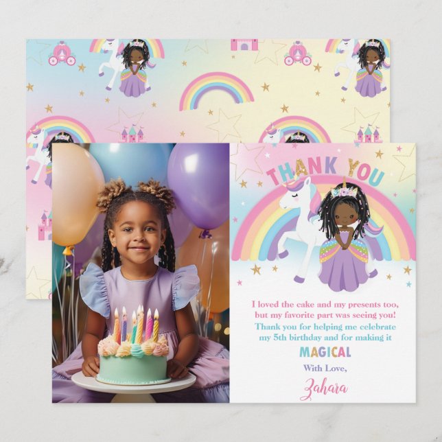 Niedlich Brown Princess Rainbow Unicorn Birthday F Dankeskarte (Vorne/Hinten)