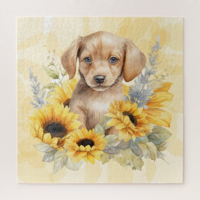Niedlich Brown Puppy Yellow Sunflower Wasserfarbe (Vertikal)