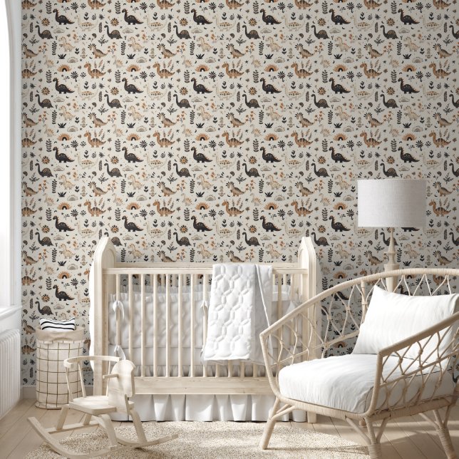 Niedlich Brown Tan Dinosaur Pattern Baby Kinderzim Tapete (Kinder)