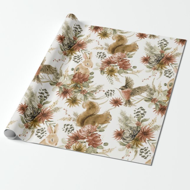 Niedlich Brown Watercolor Weihnachtswaldtiere Geschenkpapier (Ungerollt)