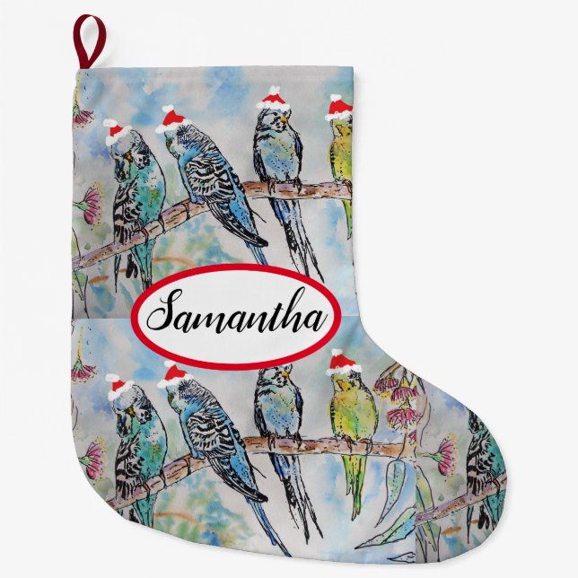 Niedlich Budgie Budgies Bird Birds Weihnachtsfeier Großer Weihnachtsstrumpf (Vorderseite)