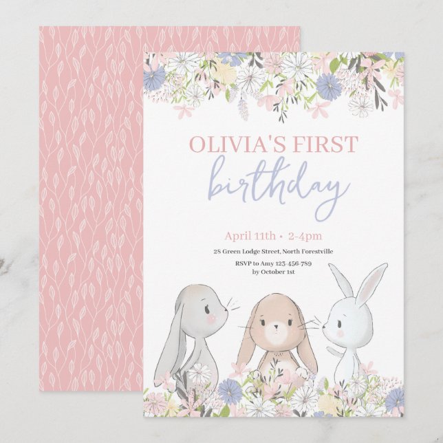 Niedlich Bunnies Einladung zum Geburtstag (Vorne/Hinten)