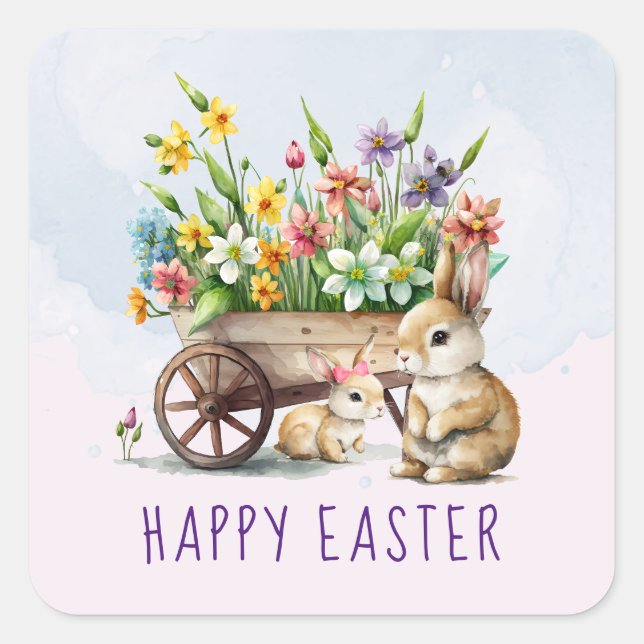 Niedlich Bunnies Personalisiertes Ostern Quadratischer Aufkleber (Vorderseite)