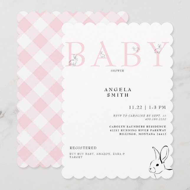 Niedlich Bunnies Pink Gingham Baby Girl Dusche Einladung (Vorne/Hinten)