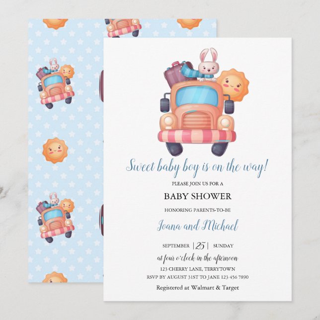 Niedlich Bunny Boy Baby Dusche Einladung (Vorne/Hinten)