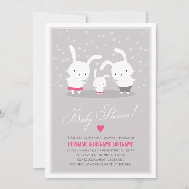 Niedlich Bunny Family Gray Couples Kinderduschmädc Einladung (Vorderseite)