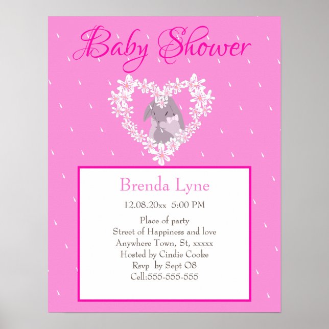 Niedlich Bunny Girl Pink Baby Dusche Einladung Poster (Vorne)