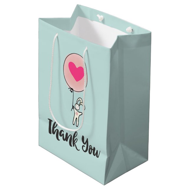 Niedlich Bunny Holding a Balloon mit Herz Danke Mittlere Geschenktüte (Vorderseite Schrägansicht)