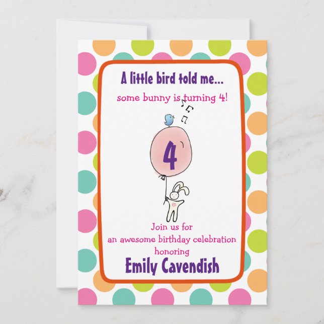 Niedlich Bunny Holding a Balloon Polka Dot Birthda Einladung (Vorderseite)