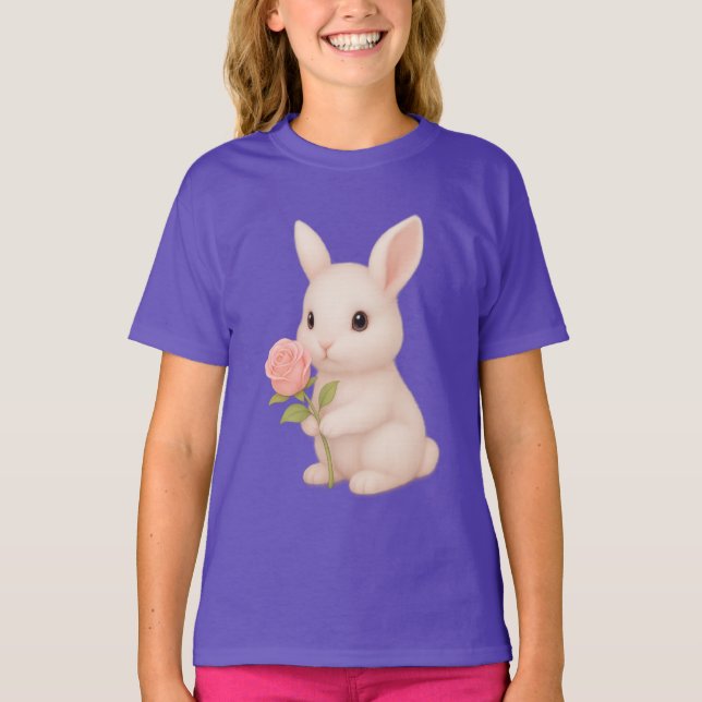 Niedlich Bunny Holding Blume Girls' T - Shirt (Vorderseite)