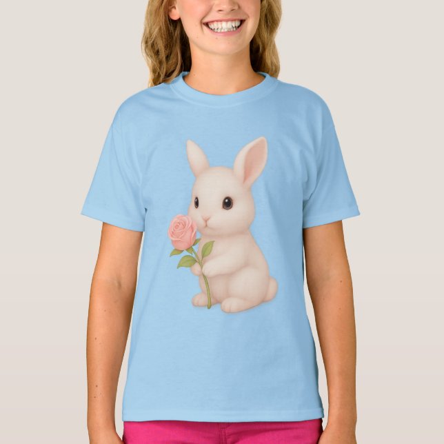 Niedlich Bunny Holding Blume Girls' T - Shirt (Vorderseite)