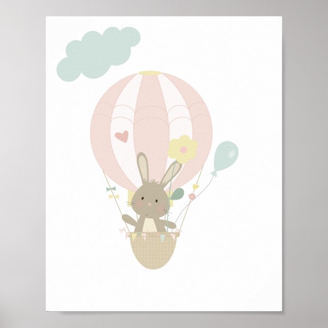 Niedlich Bunny In Pink Hot Air Ballon Kinderzimmer Poster (Vorne)