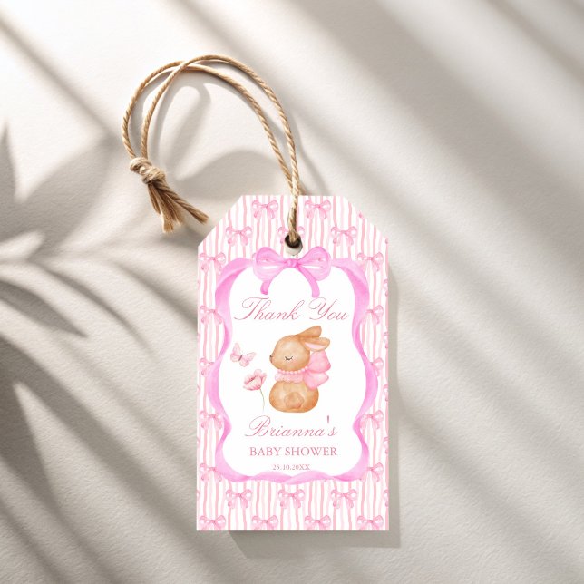 Niedlich Bunny Pink Bugborde Mädchen Babydusche Ge Geschenkanhänger (Cute Bunny pink bow ribbon border girls baby shower personalized favor Gift Tags thank you favor tag)