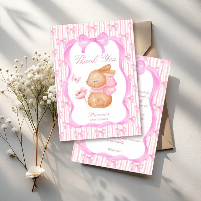 Niedlich Bunny Pink Bugborge Girls Babydusche Dankeskarte (Cute Bunny pink bow border girls baby shower Thank You Cards spring baby shower thank you cards)