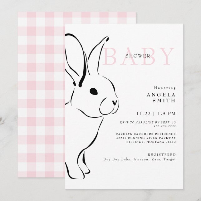 Niedlich Bunny Pink Gingham Baby Girl Dusche II Einladung (Vorne/Hinten)