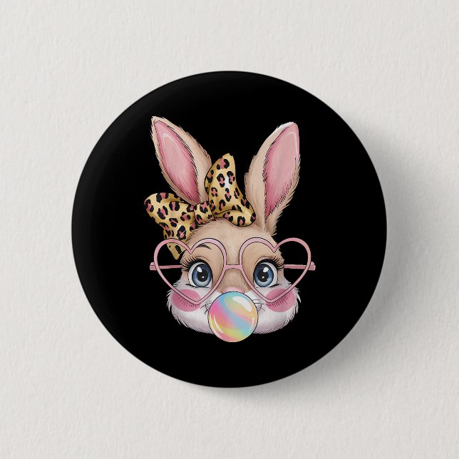 Niedlich Bunny Rabbit Face Leopard Bow Girls Happy Button (Vorderseite)