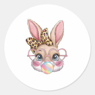 Niedlich Bunny Rabbit Face Leopard Bow Girls Happy Runder Aufkleber