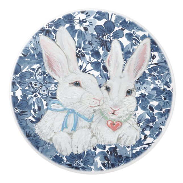 Niedlich Bunny Rabbit Navy Blue Blume Butterfly Gi Keramikknauf (Vorderseite)