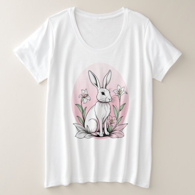 Niedlich Bunny und Lilies Große Größe T-Shirt (Design vorne)