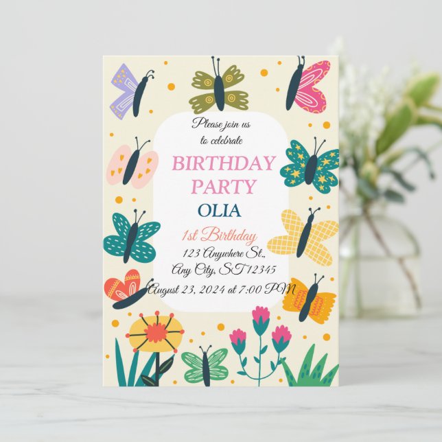 Niedlich Butterfly Einladung zum 1. Geburtstag (Stehend Vorderseite)