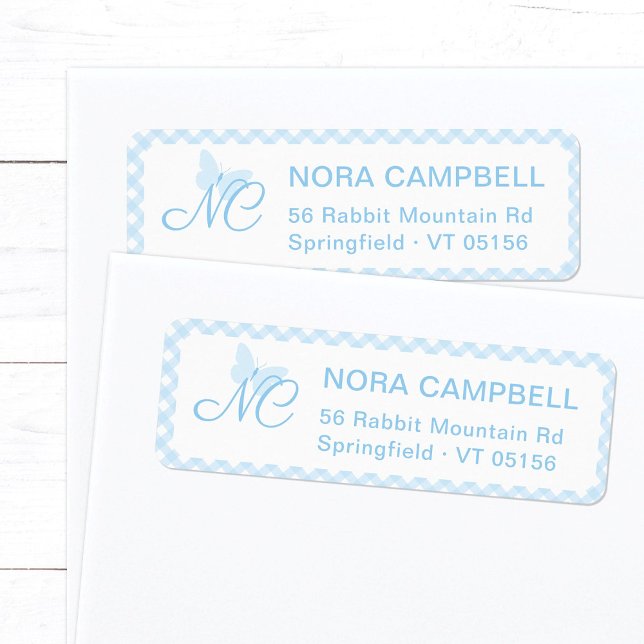 Niedlich Butterfly Initials Baby Blue Rücksendeadr (Elegant butterfly monogram return address label in baby blue with a gingham checks background.)