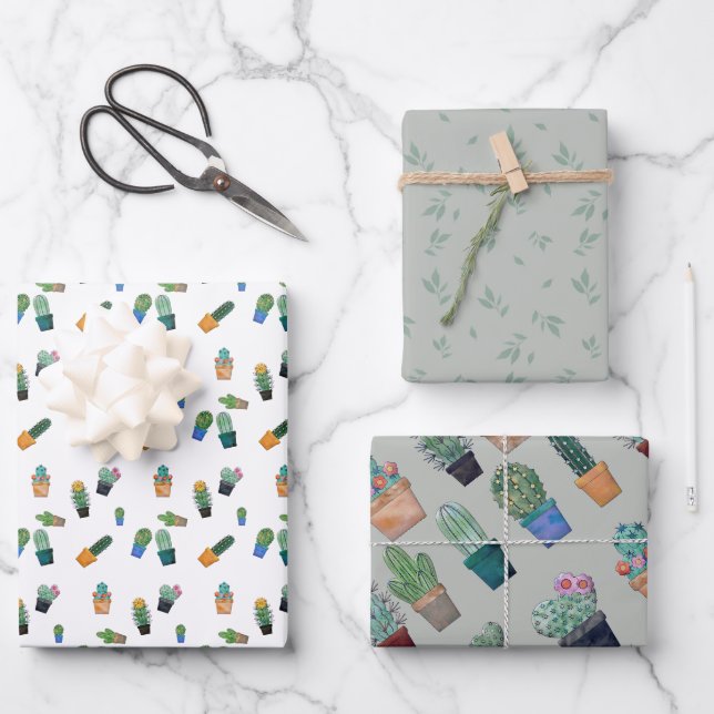 Niedlich Cactus Greenery Blume Pattern Geschenkpapier Set (Vorderseite)